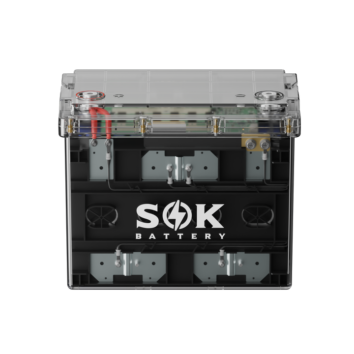 SOK 12V 100Ah LiFePO4 Batterie mit transparentem Gehäuse Vorderansicht