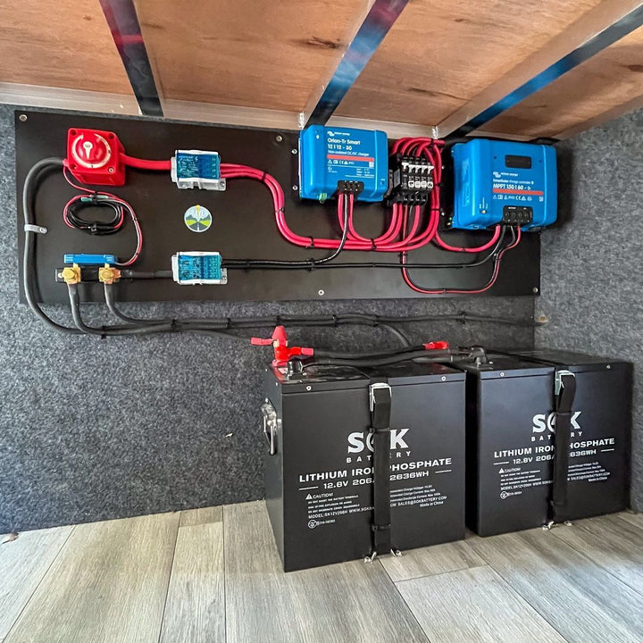 Three SOK 12.8V 206Ah LiFePO4 batteries installed with Victron charging equipment in a customer power system.