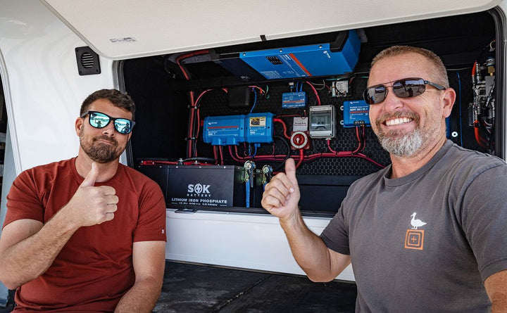 SOK LiFePO4 batteries integrated with Victron components in a customer RV electrical system.