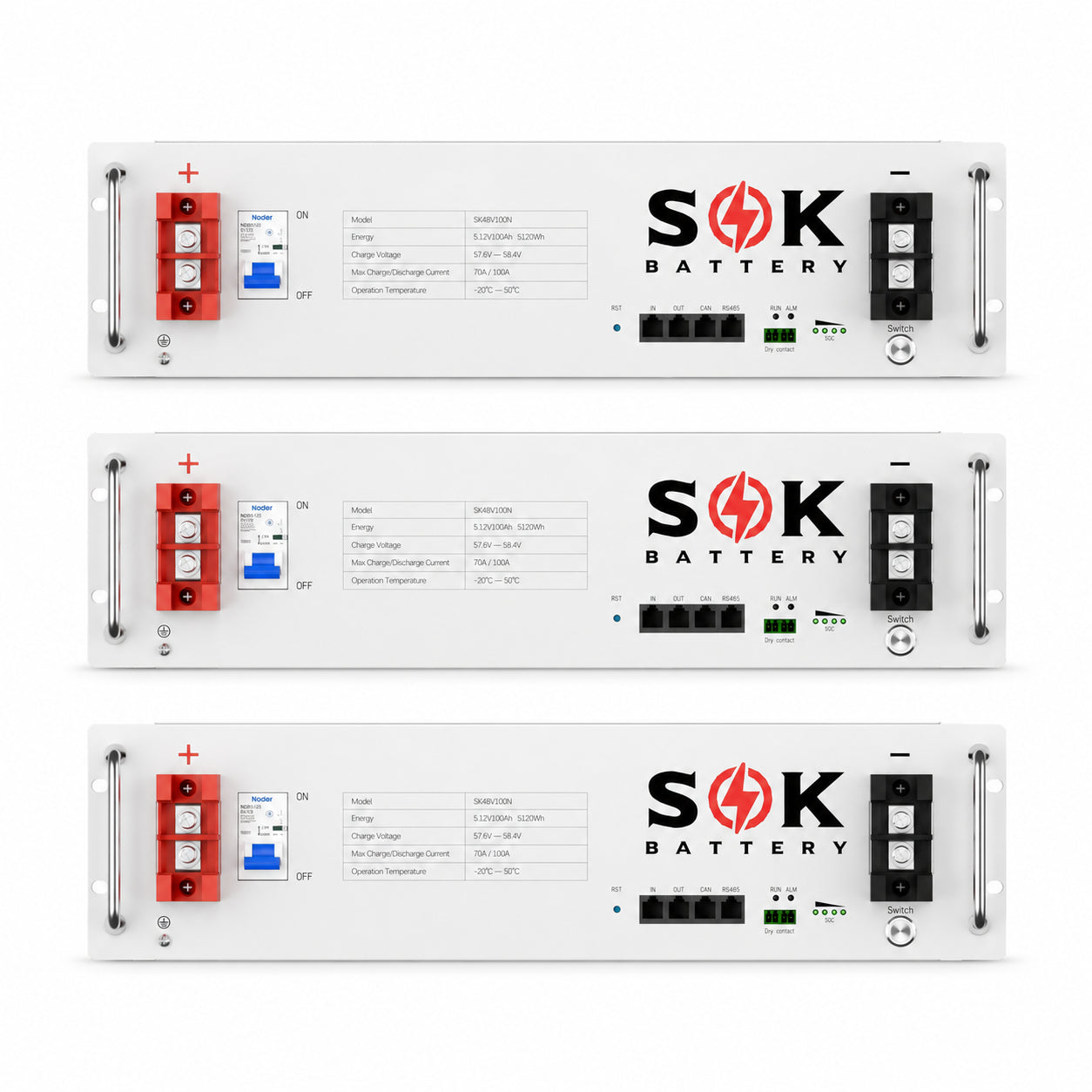 Drie SOK 48V 100Ah rack LiFePO4-accu’s