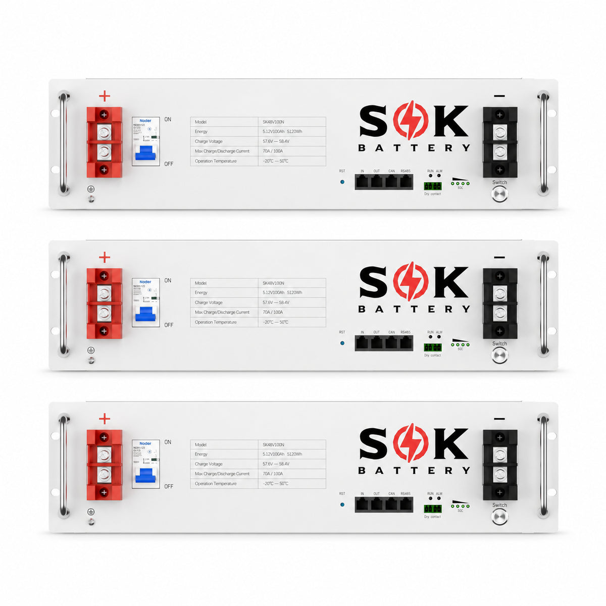 Drie SOK 48V 100Ah rack LiFePO4-accu’s