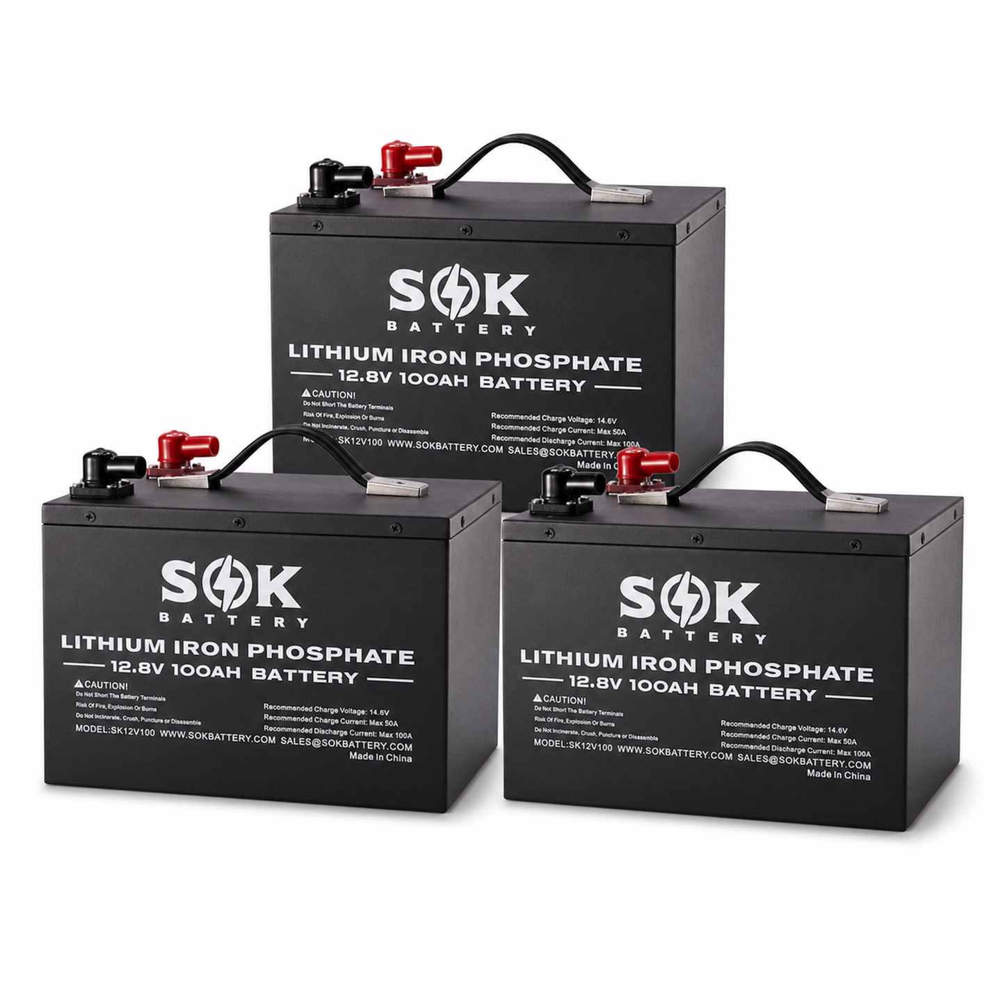 Drei SOK 12V 100Ah LiFePO4-Batterien