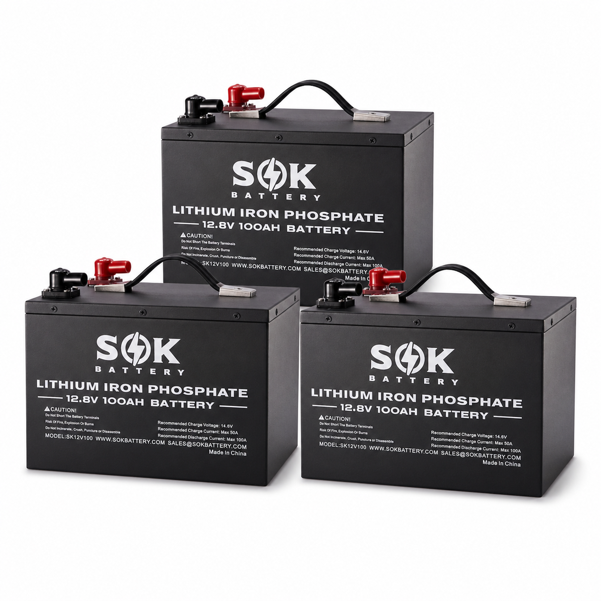 Drei SOK 12V 100Ah LiFePO4-Batterien