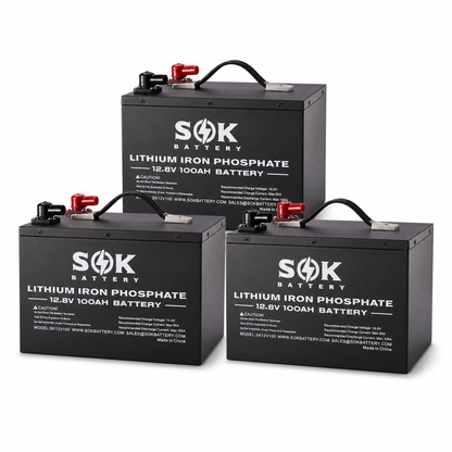 Drei SOK 12V 100Ah LiFePO4-Batterien