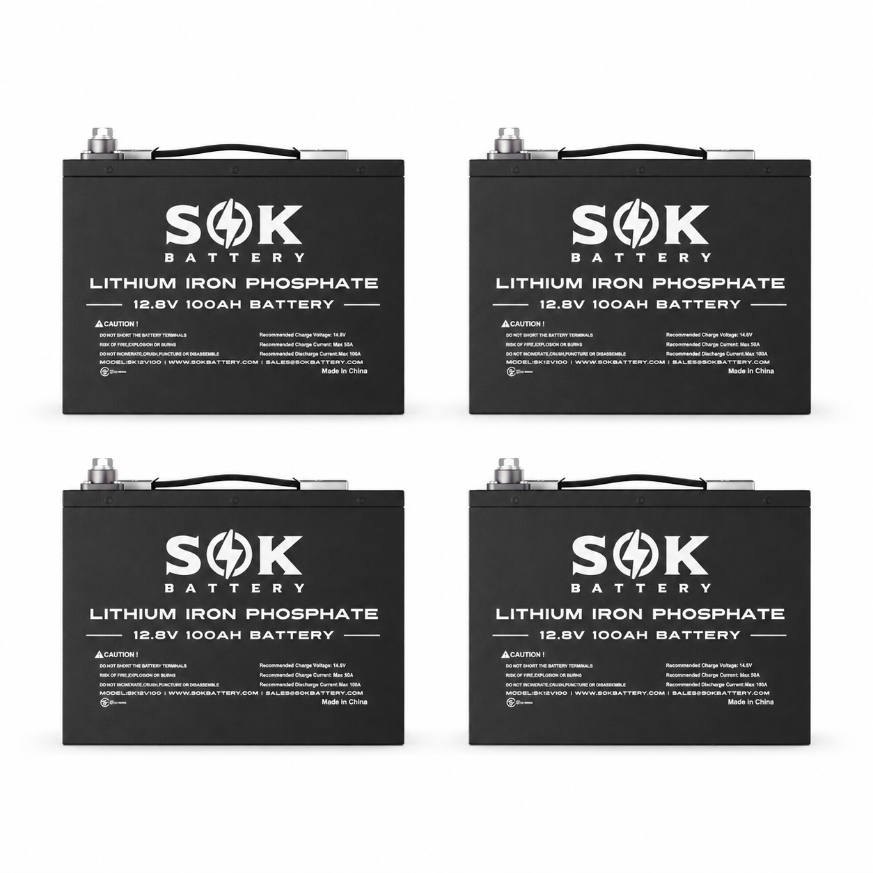 Vier SOK 12V 100Ah LiFePO4-Batterien