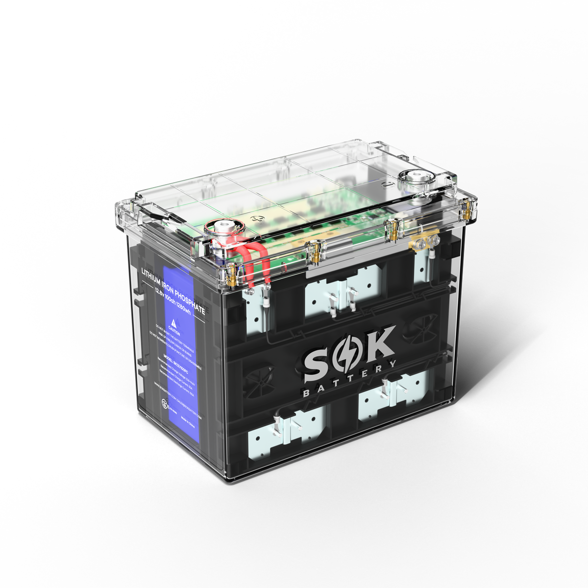 SOK 12V 100Ah clear-case LiFePO4 battery angled view