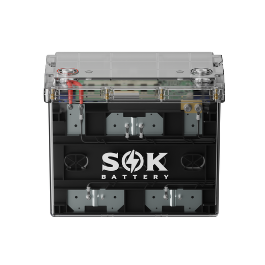 SOK 12V 100Ah clear-case LiFePO4 battery front view