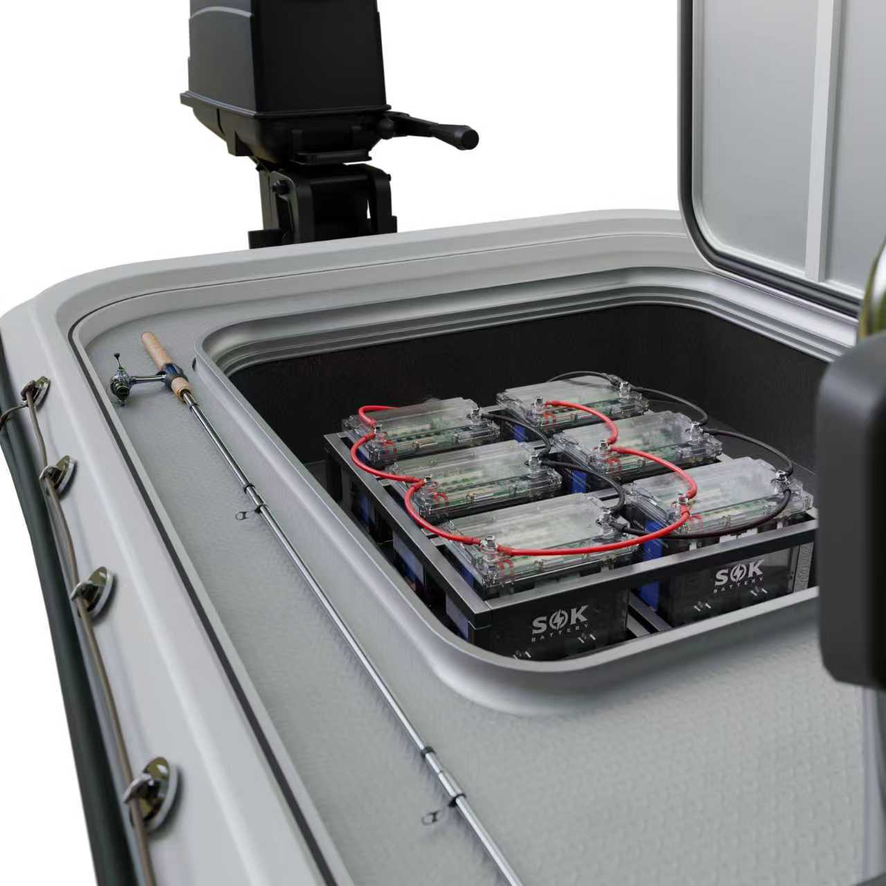 SOK 12V 100Ah clear-case batteries installed in a marine compartment