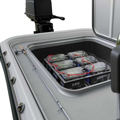SOK 12V 100Ah clear-case batteries installed in a marine compartment