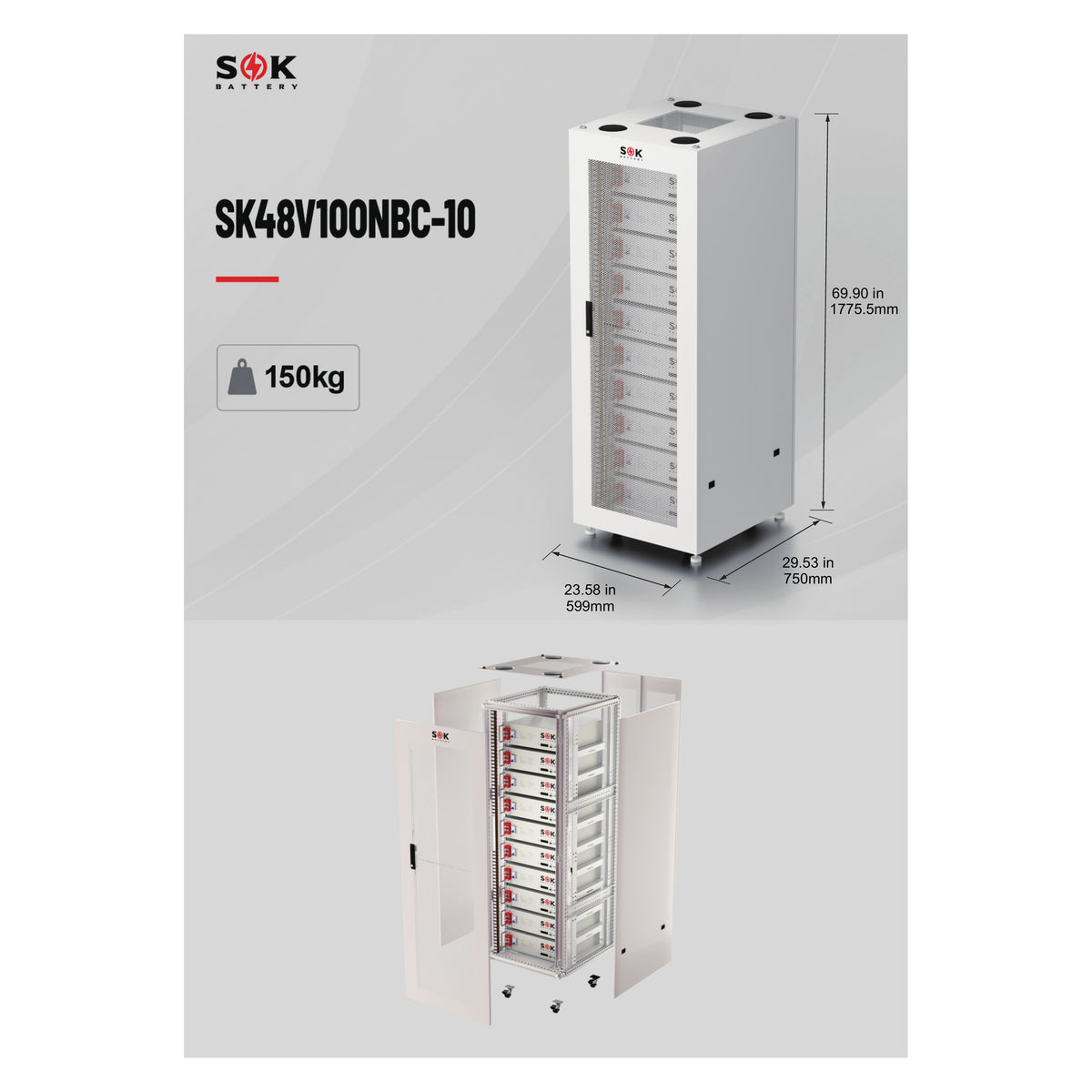SOK accukast voor tien 48V 100Ah rackaccu’s