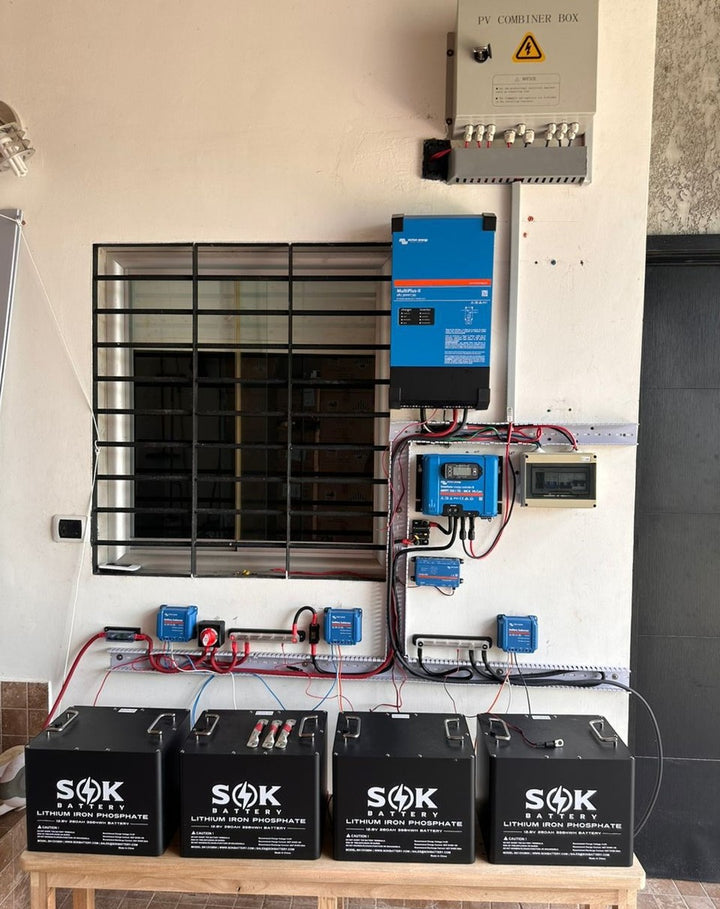 Four SOK LiFePO4 batteries installed with Victron equipment in a customer solar energy system.