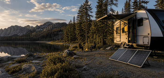 Travel trailer and solar panels beside a mountain lake