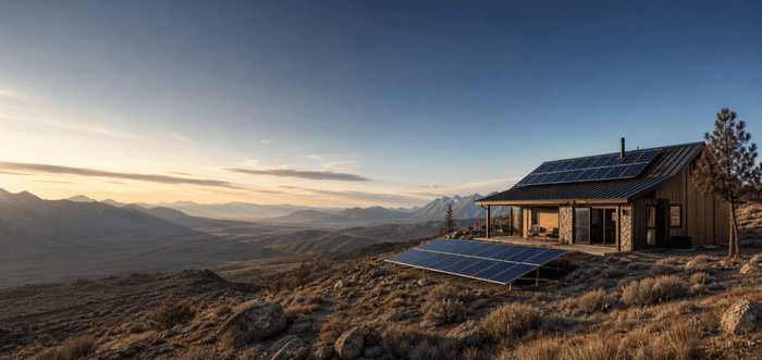 Off-grid cabin with solar panels