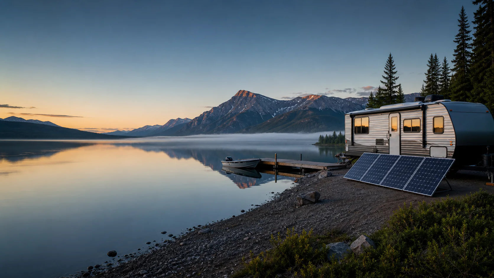 RV with solar panels beside a mountain lake
